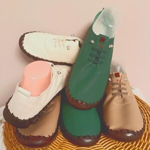 Stylish Leather Women's Loafers in Green, Cream, and Tan, size 10 and 11